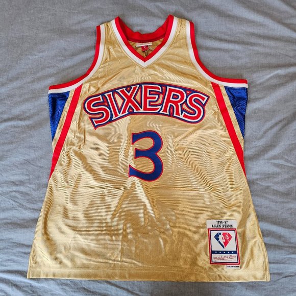 Allen Iverson 76ers Mitchell & Ness 75th Anniversary Swingman Gold Jersey Large - Picture 1 of 3